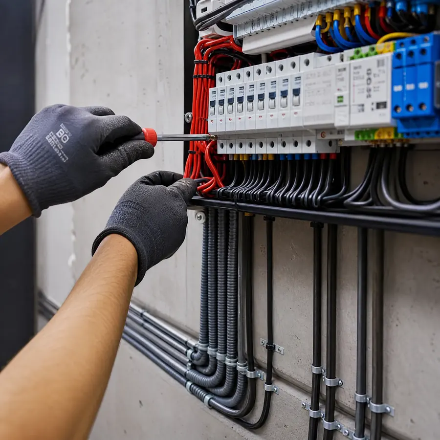 Electricista trabajando en un cuadro eléctrico de una vivienda en Madrid